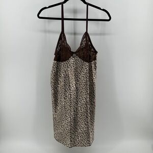 Intimate Style Leopard Lace Trim Chemise Nightie‎ Slip Brown L USA Satin Boudoir